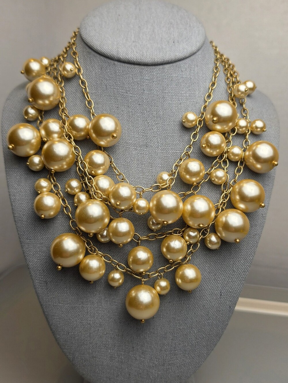 [J. Crew] Champagne Toned Multi-Strand Chunky Pearl Bubble Statement Necklace - Picture 3 of 16